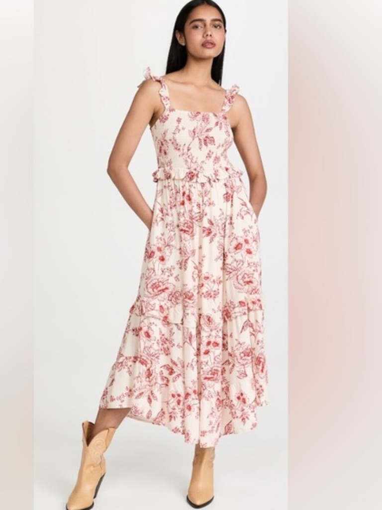 Lost + Wander Paradise Song Smocked Cream Midi Dress With Red Floral Print